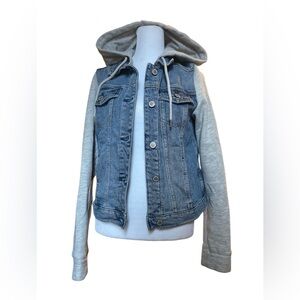 Hollister Teen Clothing Blue Denim Jacket with Gray Sleeves and Hood